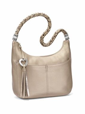 BRIGHTON Women’s Leather Zinc Pearl Barbados Ziptop Hobo Bag Braided Strap